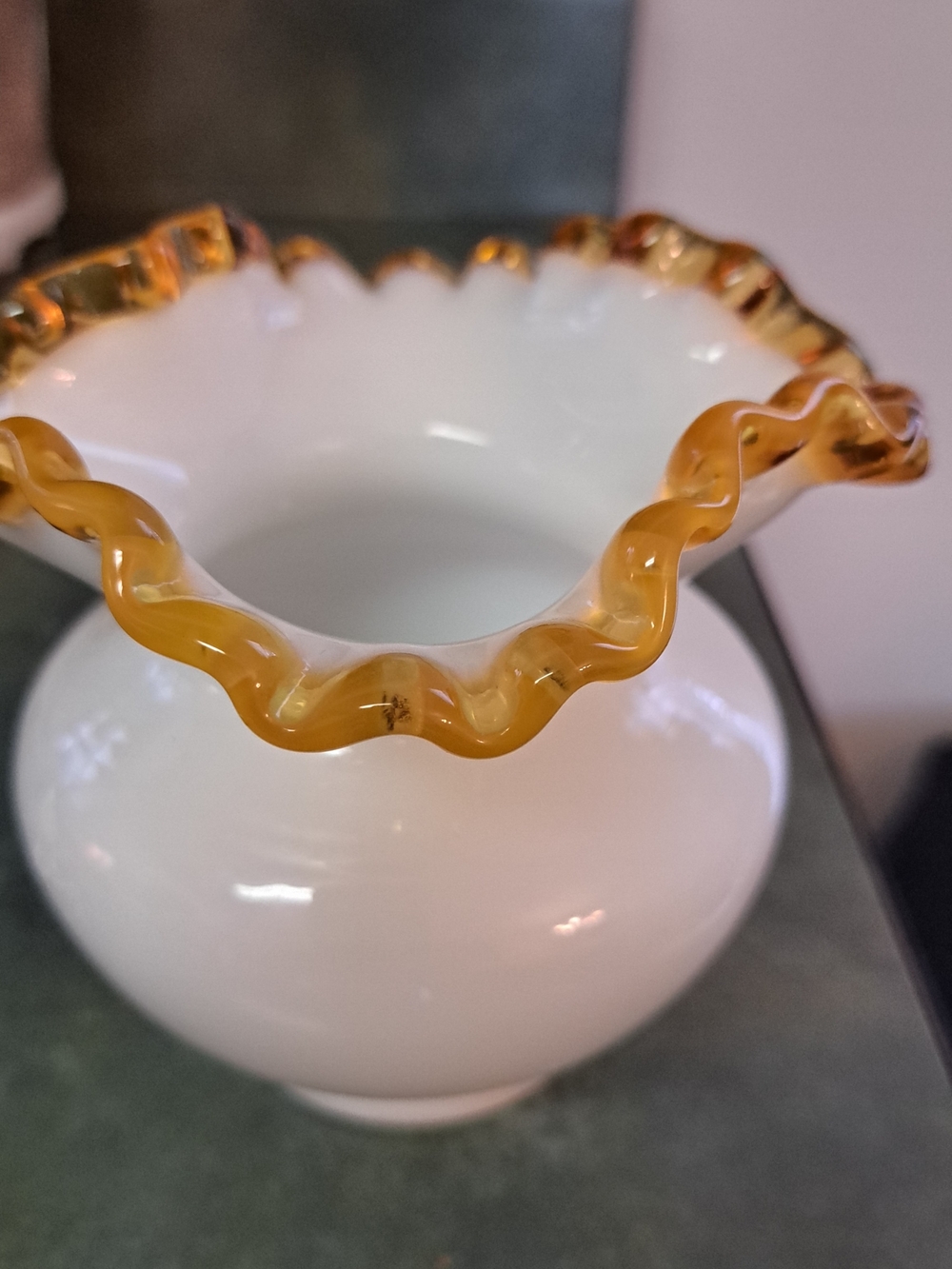 Fenton White and Amber Ruffled Glass Vase - Elegant Home Accent